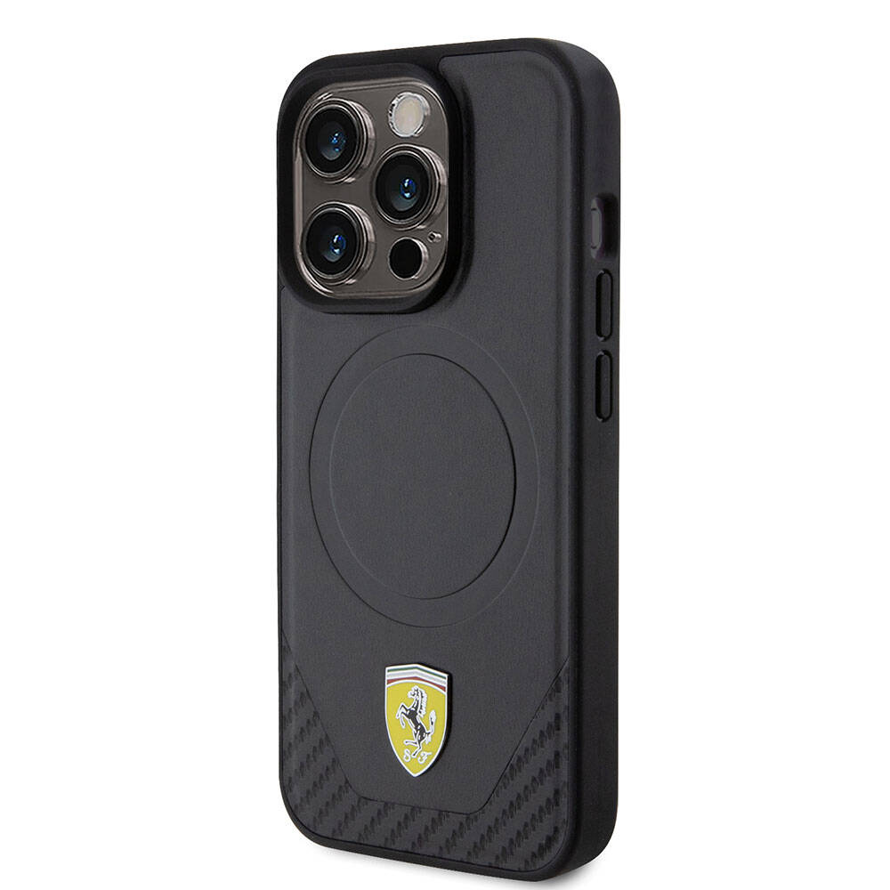 Apple iPhone 15 Pro Kılıf Ferrari Orjinal Lisanslı M-safe Şarj Özellikli Metal Logolu PU Karbon Kapak