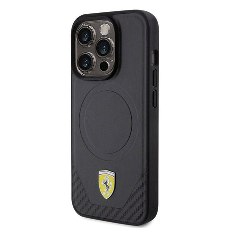 Apple iPhone 15 Pro Kılıf Ferrari Orjinal Lisanslı M-safe Şarj Özellikli Metal Logolu PU Karbon Kapak