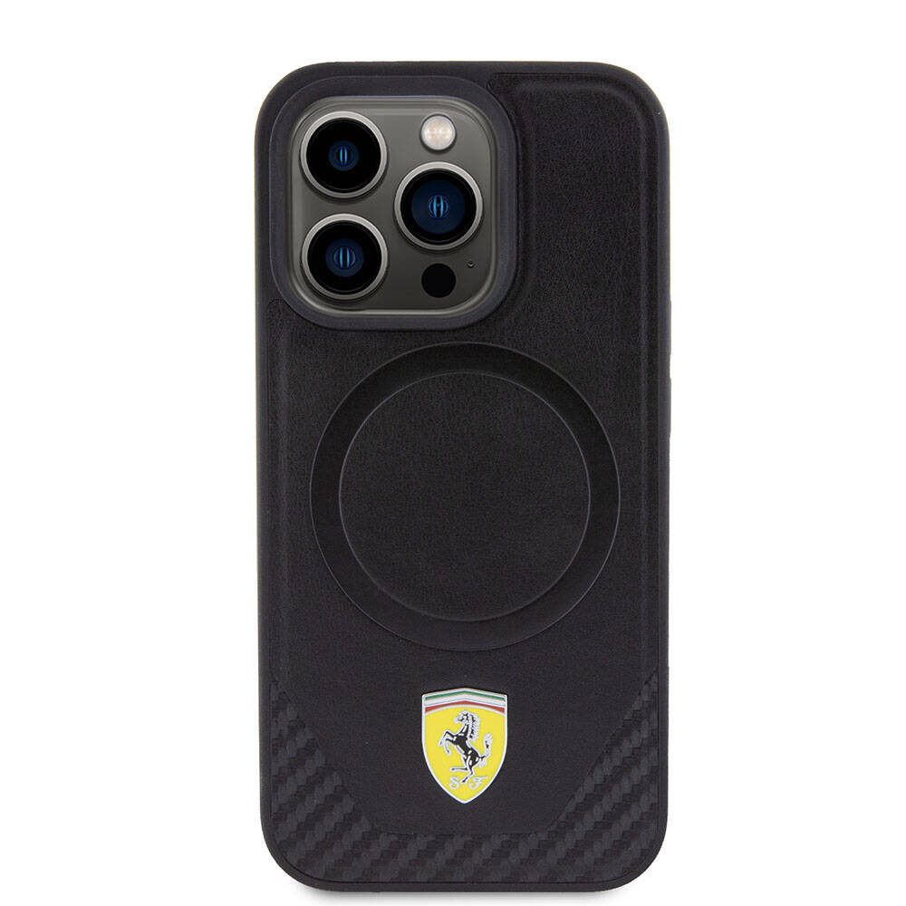 Apple iPhone 15 Pro Kılıf Ferrari Orjinal Lisanslı M-safe Şarj Özellikli Metal Logolu PU Karbon Kapak