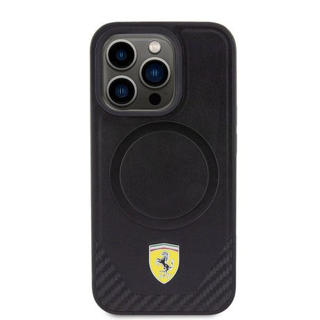 Apple iPhone 15 Pro Kılıf Ferrari Orjinal Lisanslı M-safe Şarj Özellikli Metal Logolu PU Karbon Kapak