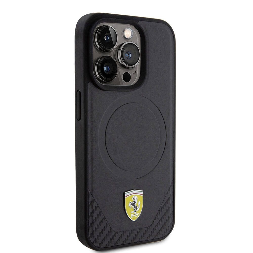 Apple iPhone 15 Pro Kılıf Ferrari Orjinal Lisanslı M-safe Şarj Özellikli Metal Logolu PU Karbon Kapak