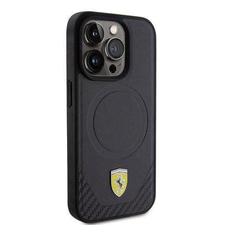 Apple iPhone 15 Pro Kılıf Ferrari Orjinal Lisanslı M-safe Şarj Özellikli Metal Logolu PU Karbon Kapak