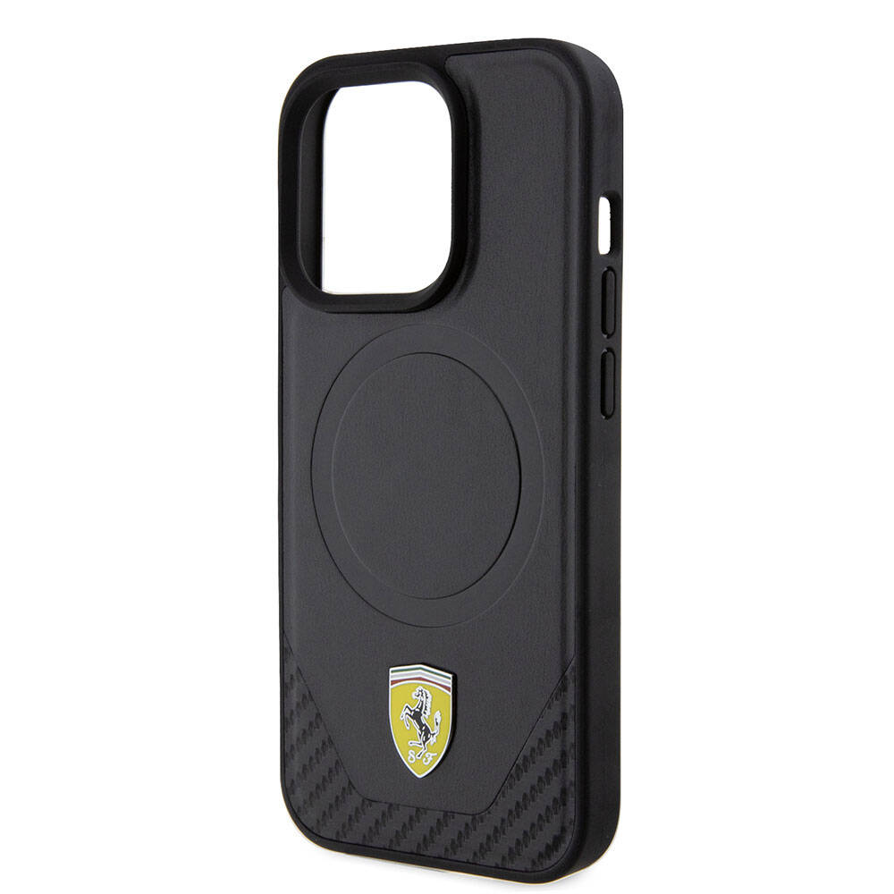 Apple iPhone 15 Pro Kılıf Ferrari Orjinal Lisanslı M-safe Şarj Özellikli Metal Logolu PU Karbon Kapak