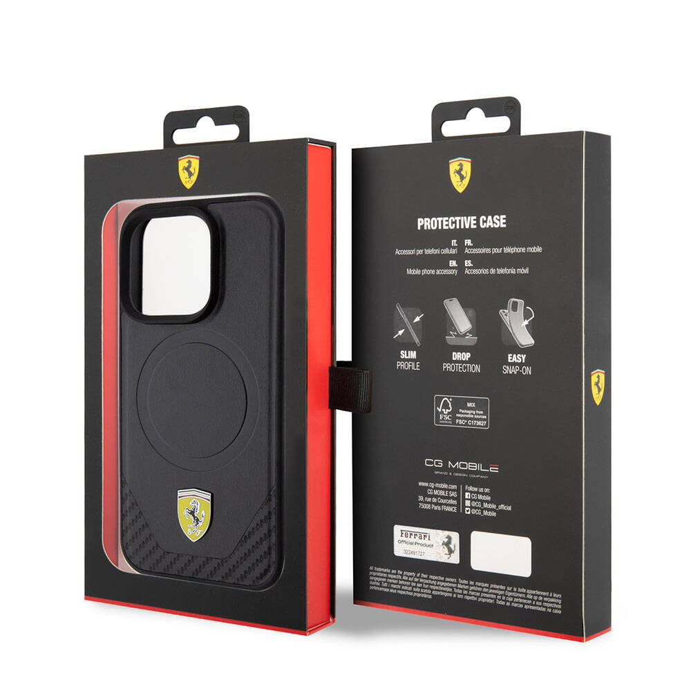 Apple iPhone 15 Pro Kılıf Ferrari Orjinal Lisanslı M-safe Şarj Özellikli Metal Logolu PU Karbon Kapak