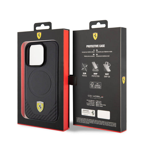 Apple iPhone 15 Pro Kılıf Ferrari Orjinal Lisanslı M-safe Şarj Özellikli Metal Logolu PU Karbon Kapak
