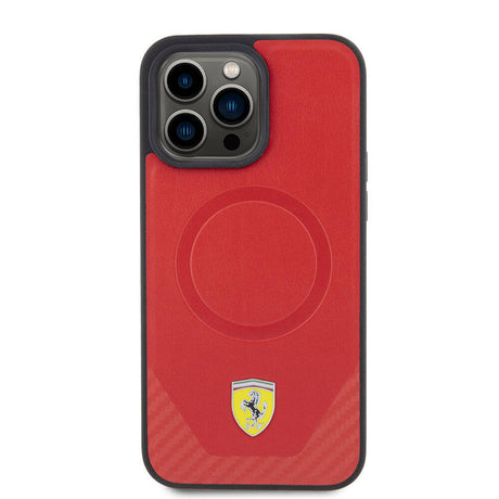 Apple iPhone 15 Pro Kılıf Ferrari Orjinal Lisanslı M-safe Şarj Özellikli Metal Logolu PU Karbon Kapak