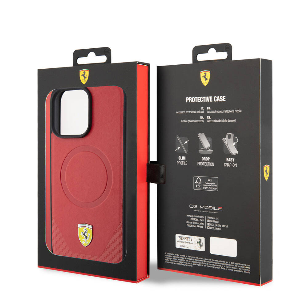 Apple iPhone 15 Pro Kılıf Ferrari Orjinal Lisanslı M-safe Şarj Özellikli Metal Logolu PU Karbon Kapak