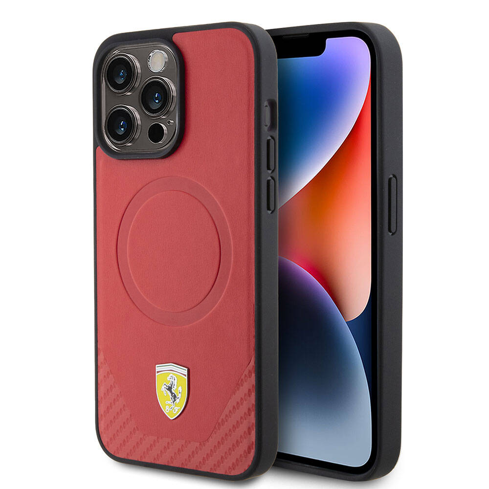Apple iPhone 15 Pro Kılıf Ferrari Orjinal Lisanslı M-safe Şarj Özellikli Metal Logolu PU Karbon Kapak