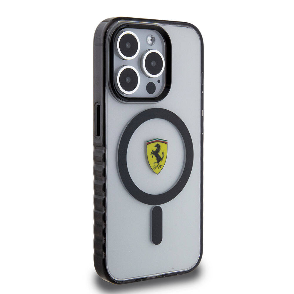 Apple iPhone 15 Pro Kılıf Ferrari Orjinal Lisanslı M-safe Şarj Özellikli Tırtıklı Kenar Tasarımlı Ortalanmış Logo Kapak