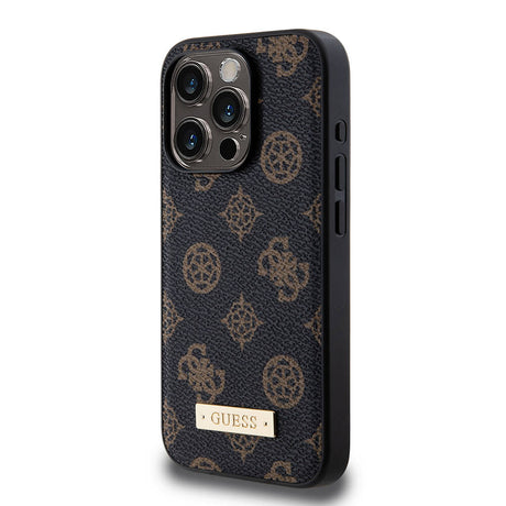 Apple iPhone 15 Pro Kılıf Guess M-safe Şarj Özellikli PU Deri Desenli Metal Plaka Logolu Kapak