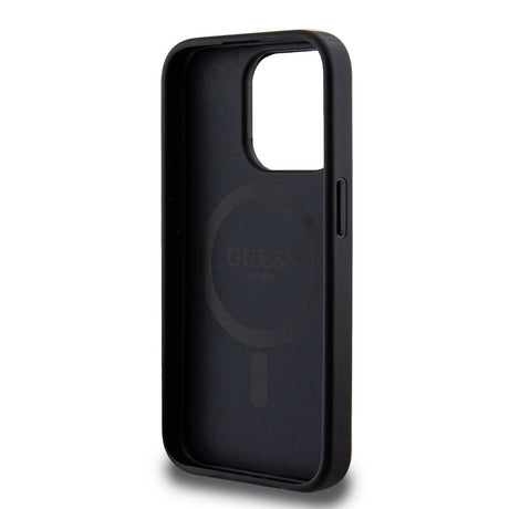 Apple iPhone 15 Pro Kılıf Guess M-safe Şarj Özellikli PU Deri Desenli Metal Plaka Logolu Kapak