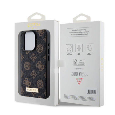 Apple iPhone 15 Pro Kılıf Guess M-safe Şarj Özellikli PU Deri Desenli Metal Plaka Logolu Kapak