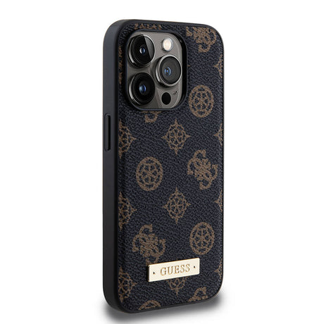 Apple iPhone 15 Pro Kılıf Guess M-safe Şarj Özellikli PU Deri Desenli Metal Plaka Logolu Kapak