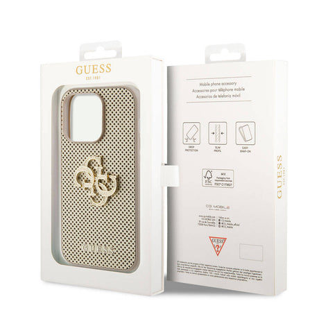 Apple iPhone 15 Pro Kılıf Guess Orjinal Lisanslı Delikli Yazı ve 4G Glitter Büyük Metal Logolu Kapak