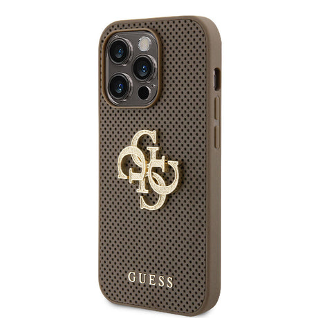 Apple iPhone 15 Pro Kılıf Guess Orjinal Lisanslı Delikli Yazı ve 4G Glitter Büyük Metal Logolu Kapak