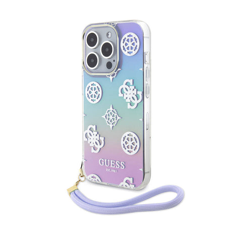 Apple iPhone 15 Pro Kılıf Guess Orjinal Lisanslı Desenli Yazı Logolu Askı İpli Holografik Glitter Peony Kapak