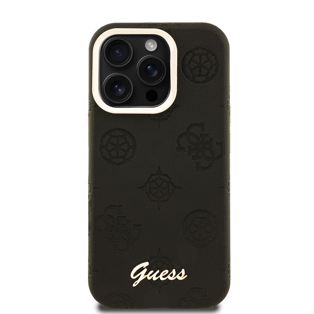 Apple iPhone 15 Pro Kılıf Guess Orjinal Lisanslı M-safe Şarj Özellikli Sıcak Baskılı Yazı Logolu Kamera Standlı PU Deri Peony Kapak