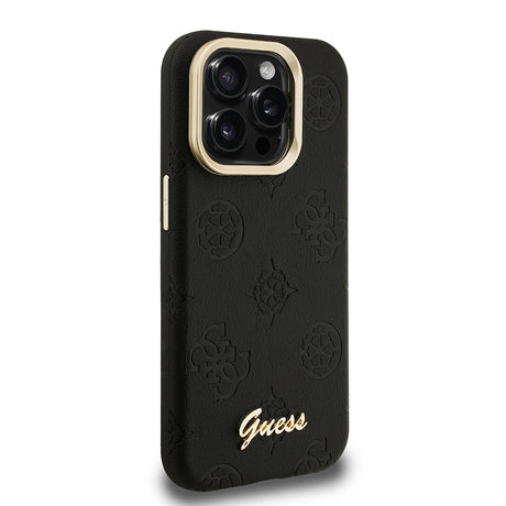 Apple iPhone 15 Pro Kılıf Guess Orjinal Lisanslı M-safe Şarj Özellikli Sıcak Baskılı Yazı Logolu Kamera Standlı PU Deri Peony Kapak
