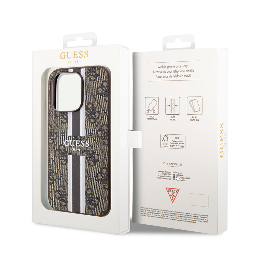 Apple iPhone 15 Pro Kılıf Guess Orjinal Lisanslı M-safe Şarj Özellikli 4G Şerit Tasarımlı Printed Kapak