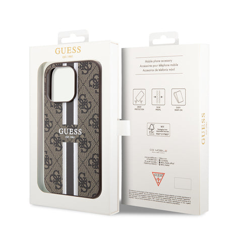 Apple iPhone 15 Pro Kılıf Guess Orjinal Lisanslı M-safe Şarj Özellikli 4G Şerit Tasarımlı Printed Kapak