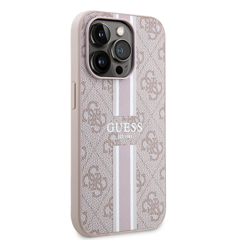 Apple iPhone 15 Pro Kılıf Guess Orjinal Lisanslı M-safe Şarj Özellikli 4G Şerit Tasarımlı Printed Kapak