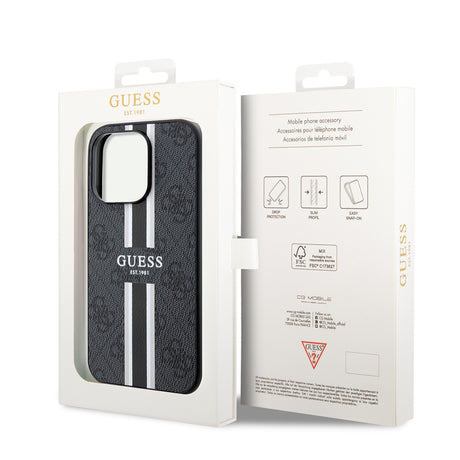 Apple iPhone 15 Pro Kılıf Guess Orjinal Lisanslı M-safe Şarj Özellikli 4G Şerit Tasarımlı Printed Kapak