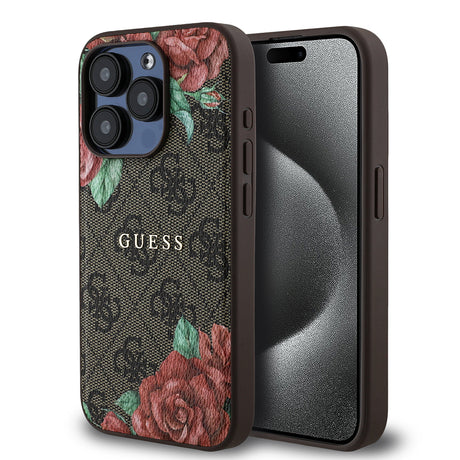 Apple iPhone 15 Pro Kılıf Guess Orjinal Lisanslı M-safe Şarj Özellikli Gül Baskılı 4G Desenli Yazı Logolu Kapak