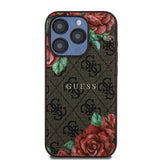 Apple iPhone 15 Pro Kılıf Guess Orjinal Lisanslı M-safe Şarj Özellikli Gül Baskılı 4G Desenli Yazı Logolu Kapak