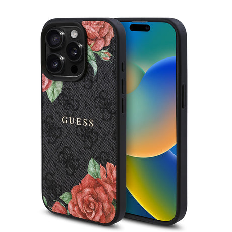 Apple iPhone 15 Pro Kılıf Guess Orjinal Lisanslı M-safe Şarj Özellikli Gül Baskılı 4G Desenli Yazı Logolu Kapak