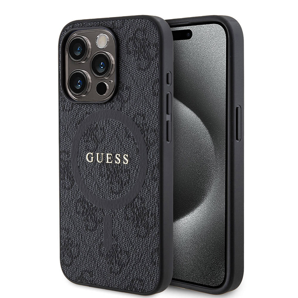 Apple iPhone 15 Pro Kılıf Guess Orjinal Lisanslı M-safe Şarj Özellikli PU Halkalı 4G Desenli Yazı Logolu Kapak