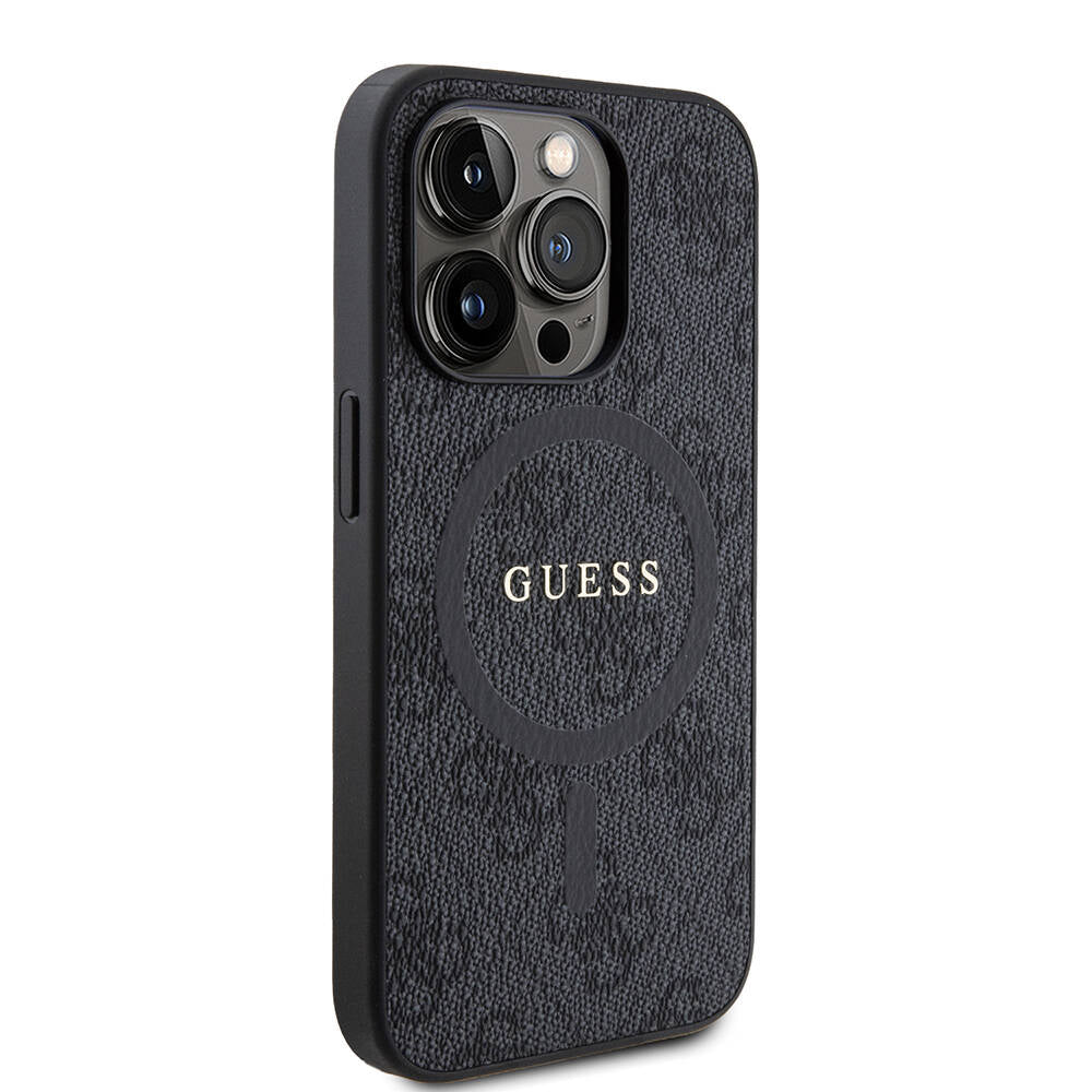Apple iPhone 15 Pro Kılıf Guess Orjinal Lisanslı M-safe Şarj Özellikli PU Halkalı 4G Desenli Yazı Logolu Kapak