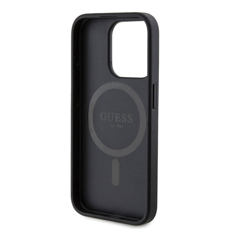 Apple iPhone 15 Pro Kılıf Guess Orjinal Lisanslı M-safe Şarj Özellikli PU Halkalı 4G Desenli Yazı Logolu Kapak