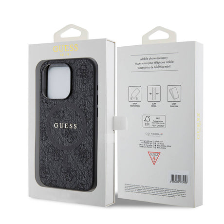 Apple iPhone 15 Pro Kılıf Guess Orjinal Lisanslı M-safe Şarj Özellikli PU Halkalı 4G Desenli Yazı Logolu Kapak