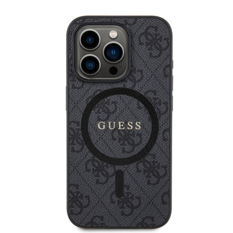 Apple iPhone 15 Pro Kılıf Guess Orjinal Lisanslı M-safe Şarj Özellikli PU Halkalı 4G Desenli Yazı Logolu Kapak