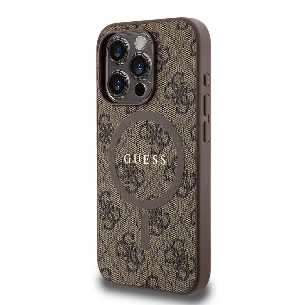 Apple iPhone 15 Pro Kılıf Guess Orjinal Lisanslı M-safe Şarj Özellikli PU Halkalı 4G Desenli Yazı Logolu Kapak