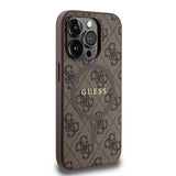 Apple iPhone 15 Pro Kılıf Guess Orjinal Lisanslı M-safe Şarj Özellikli PU Halkalı 4G Desenli Yazı Logolu Kapak