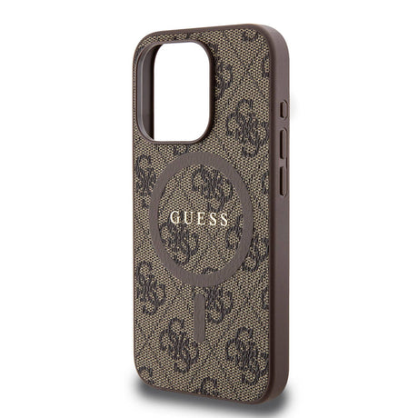 Apple iPhone 15 Pro Kılıf Guess Orjinal Lisanslı M-safe Şarj Özellikli PU Halkalı 4G Desenli Yazı Logolu Kapak