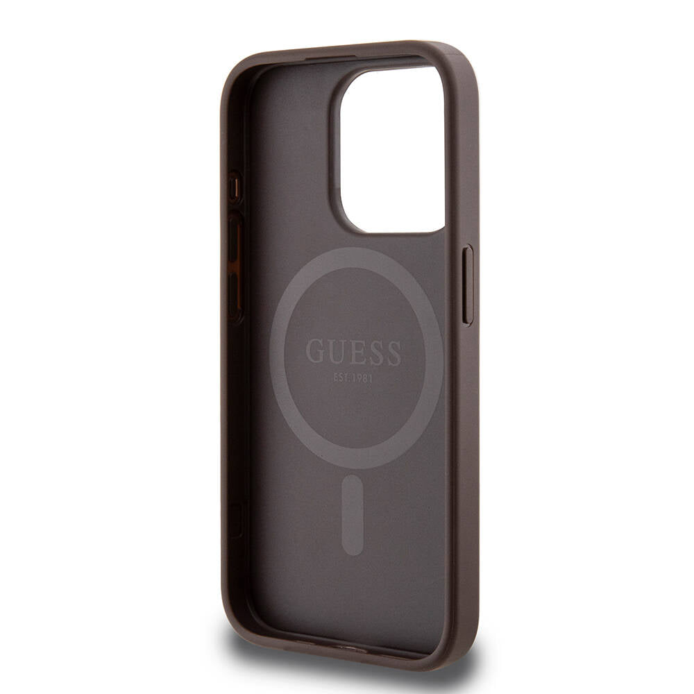 Apple iPhone 15 Pro Kılıf Guess Orjinal Lisanslı M-safe Şarj Özellikli PU Halkalı 4G Desenli Yazı Logolu Kapak