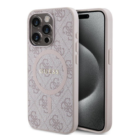 Apple iPhone 15 Pro Kılıf Guess Orjinal Lisanslı M-safe Şarj Özellikli PU Halkalı 4G Desenli Yazı Logolu Kapak