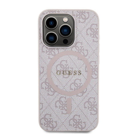 Apple iPhone 15 Pro Kılıf Guess Orjinal Lisanslı M-safe Şarj Özellikli PU Halkalı 4G Desenli Yazı Logolu Kapak