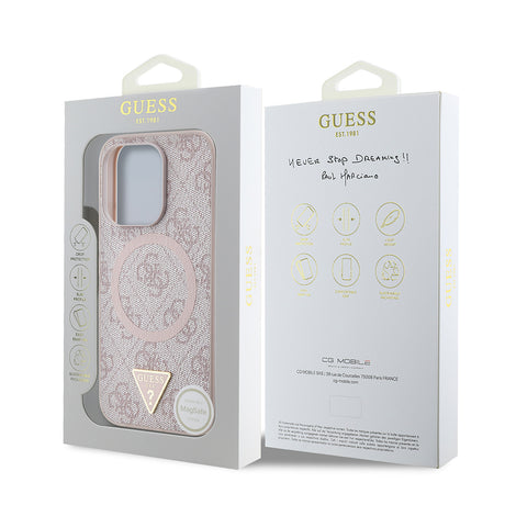 Apple iPhone 15 Pro Kılıf Guess Orjinal Lisanslı M-safe Şarj Özellikli PU Üçgen Logo 4G Desenli Kapak