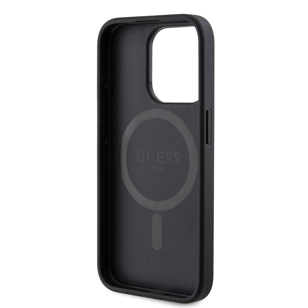 Apple iPhone 15 Pro Kılıf Guess Orjinal Lisanslı M-safe Şarj Özellikli PU Üçgen Logo 4G Desenli Kapak