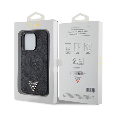Apple iPhone 15 Pro Kılıf Guess Orjinal Lisanslı M-safe Şarj Özellikli PU Üçgen Logo 4G Desenli Kapak