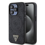 Apple iPhone 15 Pro Kılıf Guess Orjinal Lisanslı M-safe Şarj Özellikli PU Üçgen Logo 4G Desenli Kapak