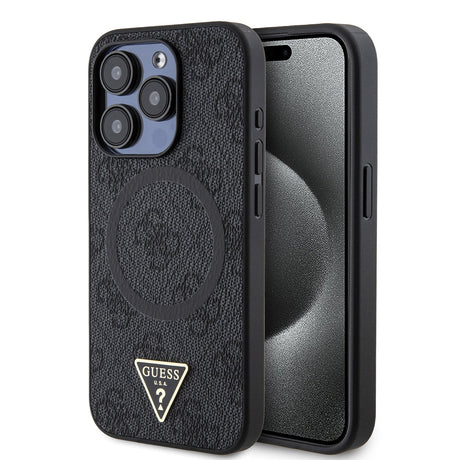 Apple iPhone 15 Pro Kılıf Guess Orjinal Lisanslı M-safe Şarj Özellikli PU Üçgen Logo 4G Desenli Kapak