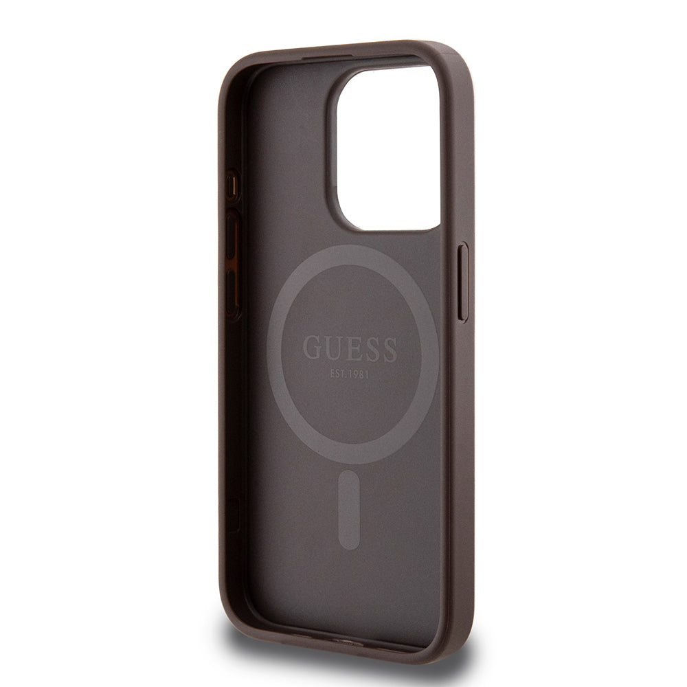 Apple iPhone 15 Pro Kılıf Guess Orjinal Lisanslı M-safe Şarj Özellikli PU Üçgen Logo 4G Desenli Kapak
