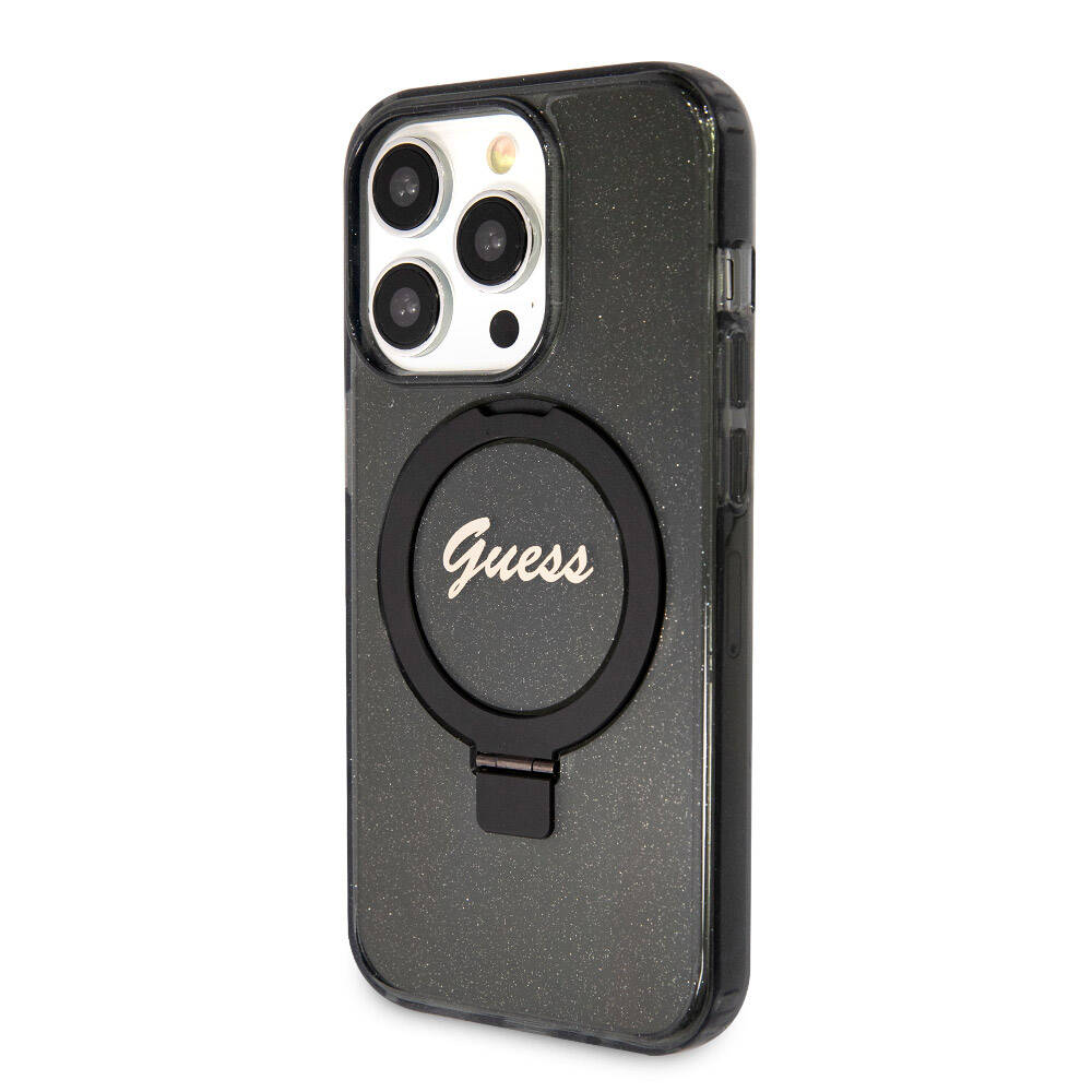 Apple iPhone 15 Pro Kılıf Guess Orjinal Lisanslı M-safe Şarj Özellikli Simli Arka Yüzey Ring Standlı Kapak