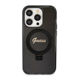 Apple iPhone 15 Pro Kılıf Guess Orjinal Lisanslı M-safe Şarj Özellikli Simli Arka Yüzey Ring Standlı Kapak