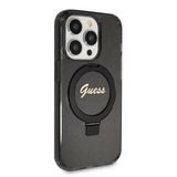 Apple iPhone 15 Pro Kılıf Guess Orjinal Lisanslı M-safe Şarj Özellikli Simli Arka Yüzey Ring Standlı Kapak