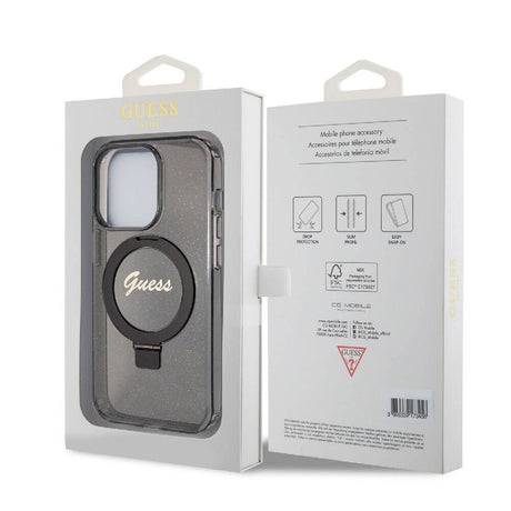 Apple iPhone 15 Pro Kılıf Guess Orjinal Lisanslı M-safe Şarj Özellikli Simli Arka Yüzey Ring Standlı Kapak